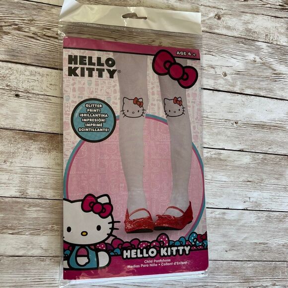 NWT HELLO KITTY Girl’s Tights Age 4+ White Kitty Red Glitter Bow New in Package - Picture 1 of 7